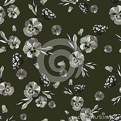 Seamless decorative elegant pattern with cute flower of viola. Vintage antique watercolor style print for textile, wallpaper, Vector Illustration