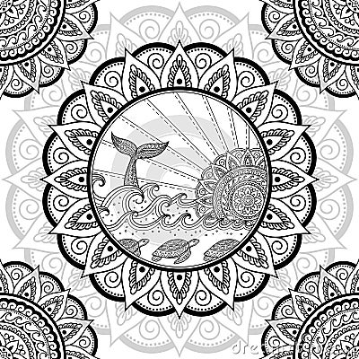 Seamless decorative ornament in ethnic oriental style. Circular pattern in form of mandala with seascape and whale tail for Henna Vector Illustration