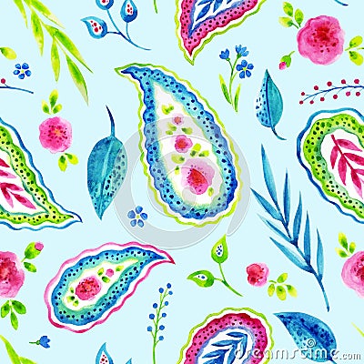 Seamless decorative pattern of floral elements and paisley on a pale blue background Stock Photo