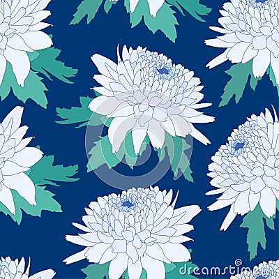 Seamless decorative pattern with light blue chrysanthemum. Crown daisy repeated background. Vector Vector Illustration