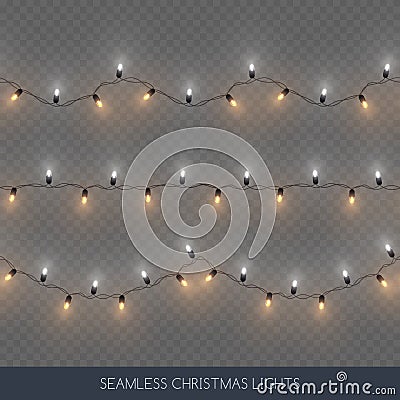 Seamless decorative sliver and gold color light bulb garlands set, Christmas decoration, vector illustration Vector Illustration