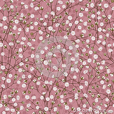 Seamless vector pattern of white small flowers gypsophila on a pink background. Vector Illustration