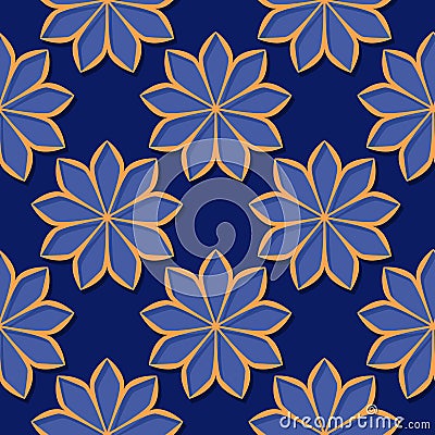 Seamless deep blue background with 3d floral orange elements Vector Illustration