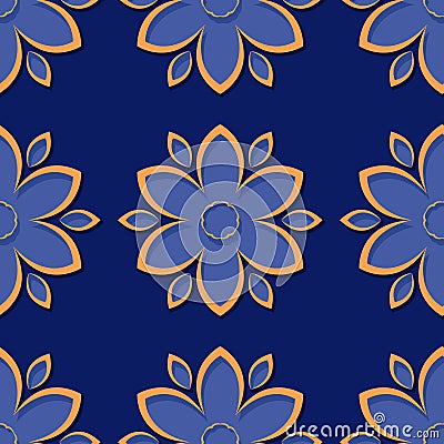 Seamless deep blue background with 3d floral orange elements Vector Illustration