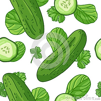 Seamless design food green pattern. Wallpaper with vegetable organic food. Backdrop for textile design with cucumber Vector Illustration