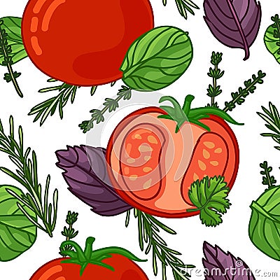 Seamless design food pattern. Backdrop with vegetable organic food. Background with tomato, rosemary, basil leaf Vector Illustration