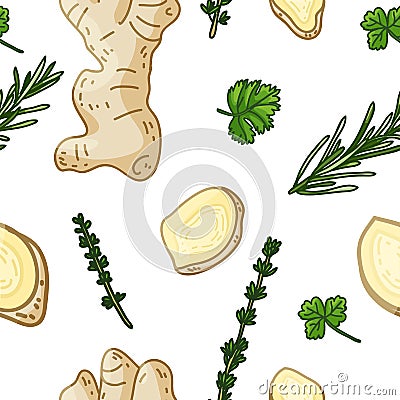 Seamless design seasoning pattern. Backdrop with fresh herb. Background with rosemary, basil leaf, parsley, ginger slice Vector Illustration