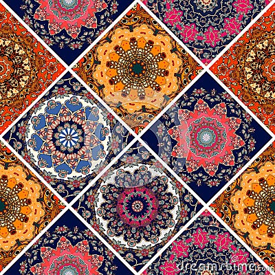 Seamless diagonal patchwork pattern in boho style with flower - mandalas Stock Photo