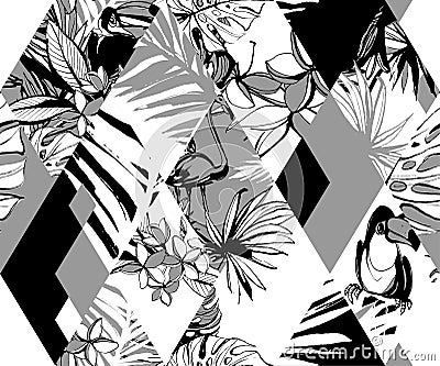 Seamless diamond pattern Tropical birds palms flowers. Grunge ink style. Vector Illustration