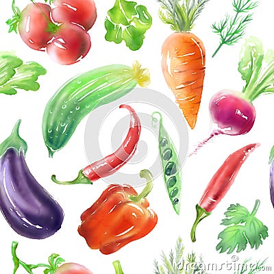 Seamless digitally drawn vegetables` vegetarian food pattern, vegan bright color background Stock Photo