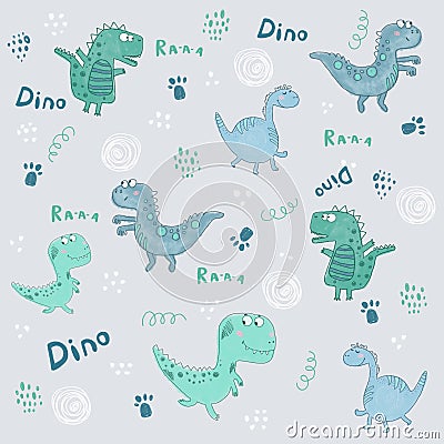 Seamless dinosaurs pattern. Cute different shape dinozaurus Stock Photo
