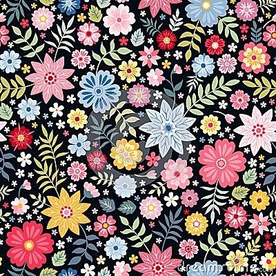 Seamless ditsy floral pattern with fantasy little flowers and leaves in folk style. Vector illustration. Vector Illustration