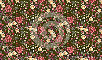 Seamless ditsy floral pattern with roses, tulips, leaves and petals on dark green background. Vector summer design Vector Illustration