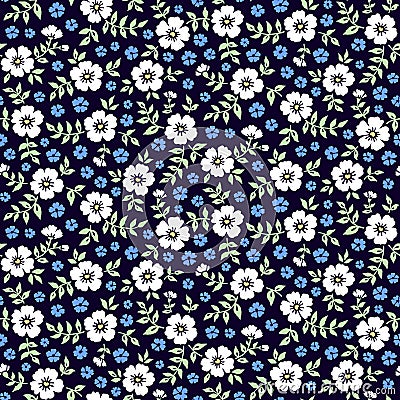 Seamless ditsy floral pattern in vector. Blue and white flowers on a dark blue background Vector Illustration