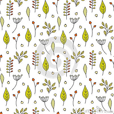 Seamless ditzy fall pattern from forest berries colorful tree leaves branches twigs in free hand doodle style. Cute nature print Vector Illustration