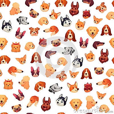 Seamless dogs faces. Funny dog face, puppy pet head and animals group vector background pattern Stock Photo