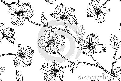 Seamless Dogwood flower pattern background. Vector Illustration
