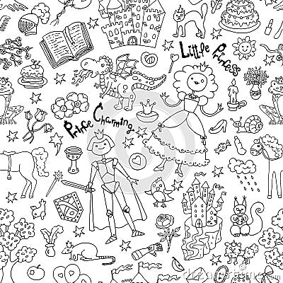 Seamless doodle background with black and white prince and princess concept Vector Illustration