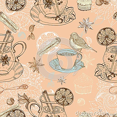 Seamless doodle background with mulled warm wine Vector Illustration