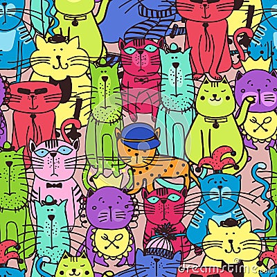 Seamless doodle cat pattern Vector Illustration