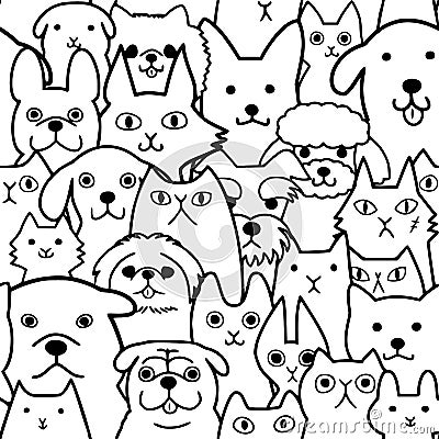 Seamless doodle cats and dogs lineart background Vector Illustration