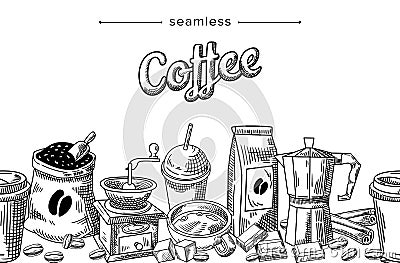 Seamless Doodle Pattern Coffee Supplies Package, Sack with Beans, Disposable Plastic Cups and Coffee Grinder, Sugar Vector Illustration