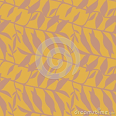 Seamless doodle pattern with floral leaves ornament. Autumn stylistic with orange background and pastel foliage Cartoon Illustration