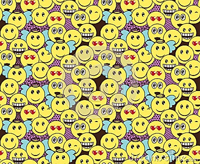 Seamless doodle pattern with fun positive emoticon expressions. Smile, wink, angel, surprised, in love, laugh smileys included Vector Illustration