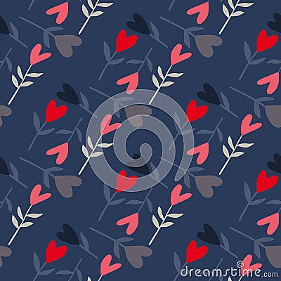 Seamless doodle pattern with heart branch silhouettes. Valentine ornament in pink and red colors on navy blue background Cartoon Illustration