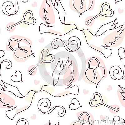 Seamless doodle pattern with linear romantic symbols Vector Illustration