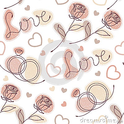 Seamless doodle pattern with linear romantic symbols Vector Illustration