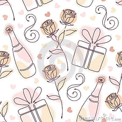 Seamless doodle pattern with linear romantic symbols Vector Illustration