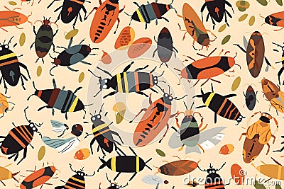 seamless doodle pattern with many different cartoonish bugs on beige backlground, neural network generated image Stock Photo
