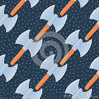 Seamless doodle pattern with norway viking ax print. Ancients old armor silhouettes in blue and orange colors on navy blue dotted Cartoon Illustration