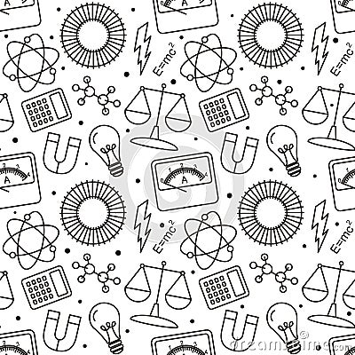 Seamless doodle pattern with school elements. Pattern with physics objects Vector Illustration