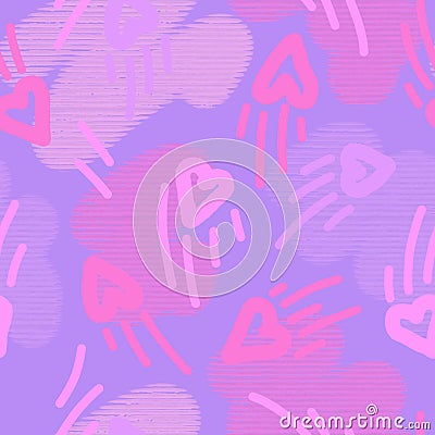 Seamless doodle pattern of stilized hearts on blue background with pink spots. Stock Photo