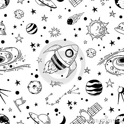 Seamless doodle space pattern. Trendy kids cosmos graphic elements, astronomy pencil sketch. Vector star planet meteor Vector Illustration