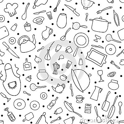 Seamless Doodle tableware vector pattern Stock Photo