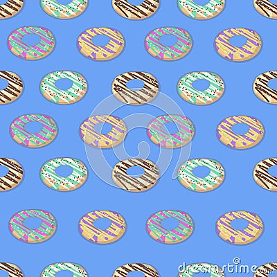 Seamless doughnut or donut pattern on blue background Vector Illustration