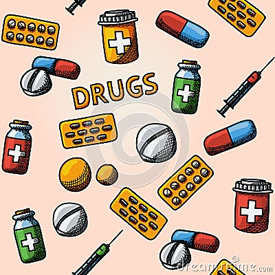 Seamless drugs, pills handdrawn pattern with - box Vector Illustration