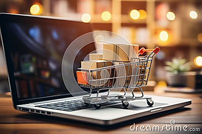 Seamless e-commerce Laptop, cart, package boxes define online shopping, delivery concept. Stock Photo