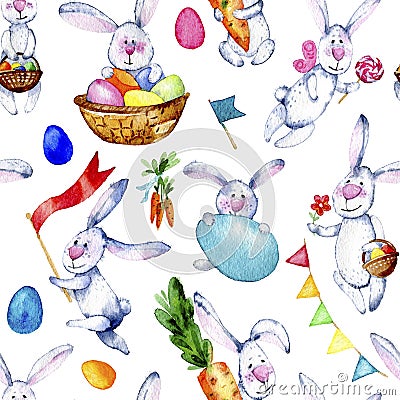 Seamless easter bunnies pattern. Watercolor illustration on white background. Pattern with cartoon bannies, eggs, carrots, candy Cartoon Illustration