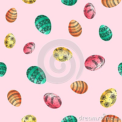 Seamless easter eggs pattern. Watrcolor eggs on white background.Texture for wrapping paper, textile, scrapbooking,. Cartoon Illustration