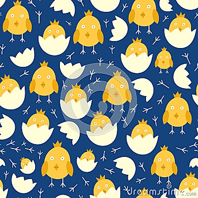 Seamless easter pattern background with chicks in eggs graphic holiday design cartoon chicken bird vector illustration Vector Illustration
