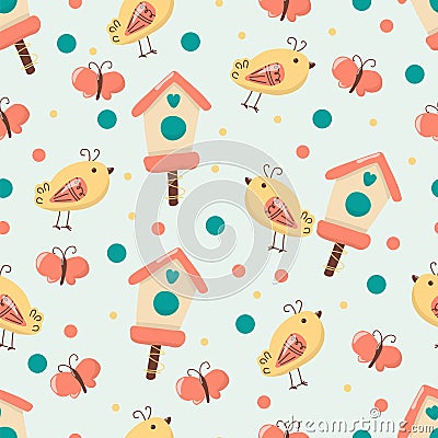 Seamless Easter pattern with a birdhouse, a bird, and a butterfly. In color, cartoon style. Vector Illustration