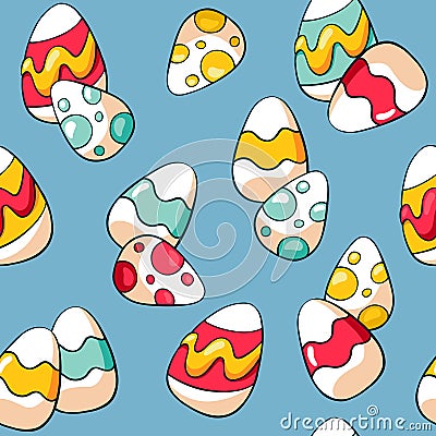 Seamless Easter pattern with colourful eggs on blue background. Hand drawn doodle Easter eggs. Cartoon eggs background. Vector Illustration