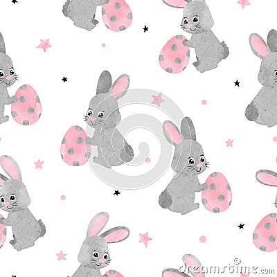 Seamless Easter pattern with cute watercolor bunnies and eggs Vector Illustration