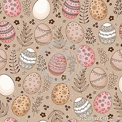 Seamless Easter pattern with doodle ornamental eggs Vector Illustration