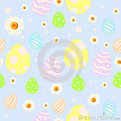 Seamless easter pattern with painted eggs, chamomile flowers and dots Vector Illustration