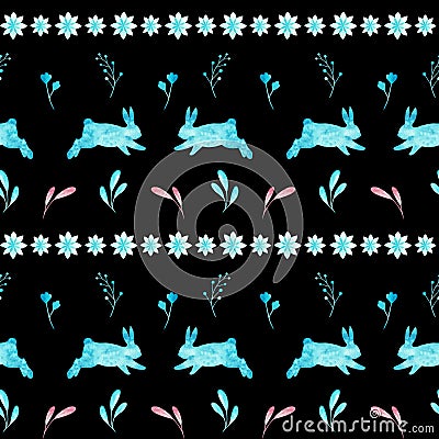 Seamless Easter pattern of rabbits on black background. Watercolor illustration Stock Photo
